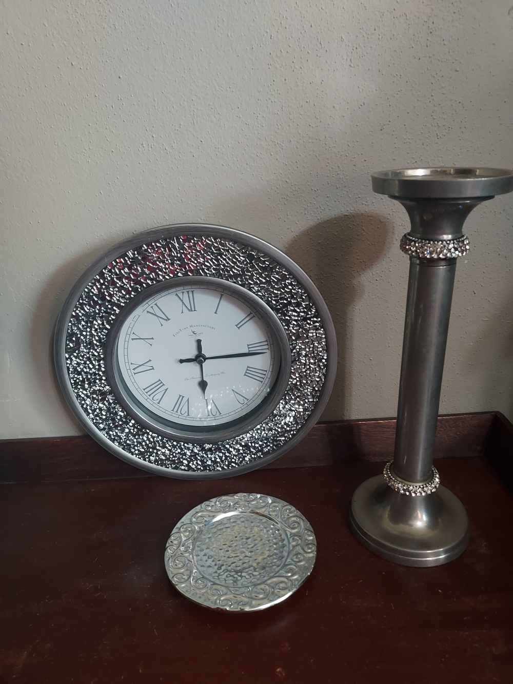 Silver Decorative Wall Clock  Taper And Pillar Candle Holders